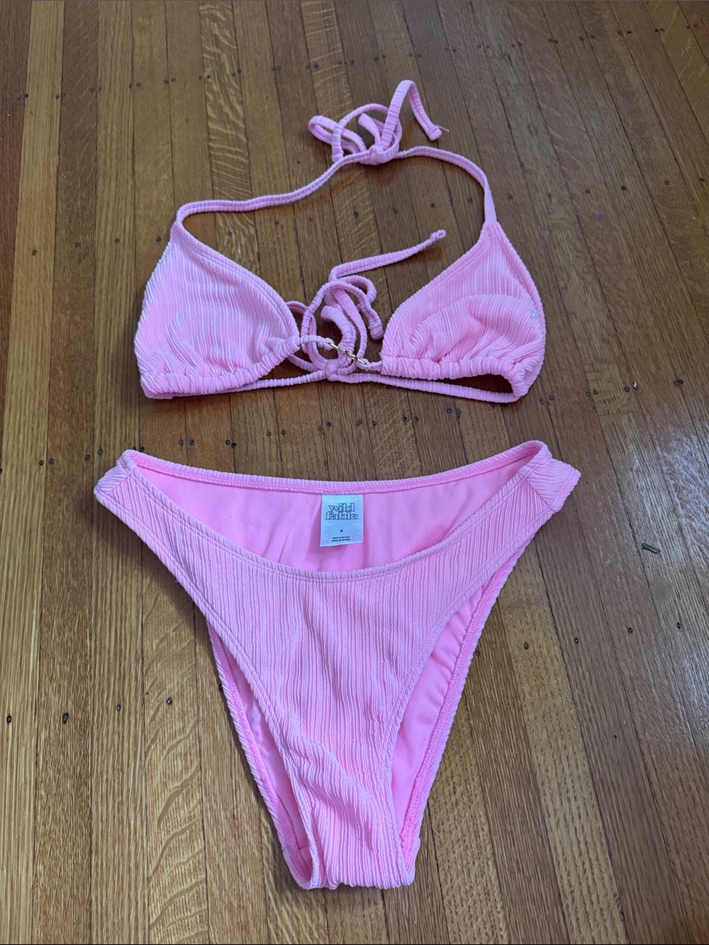 wild fable Pink Ribbed Bikini Set — Triangle Top & High-Cut Bottoms